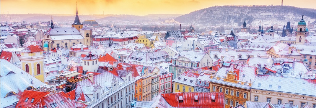The snowy rooftops in Prague at Christmas